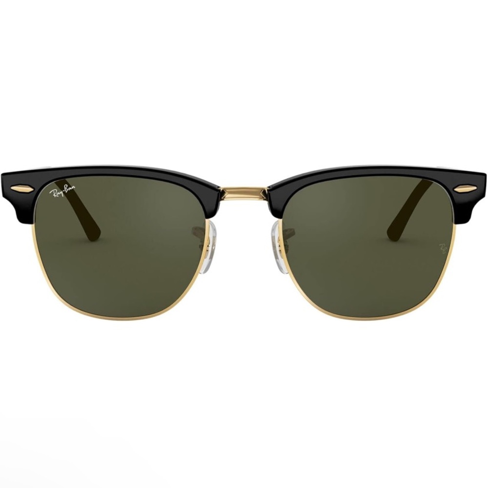 Ray-Ban RB3016 Clubmaster Square Sunglasses 49 MM Black and Gold With Green Lens